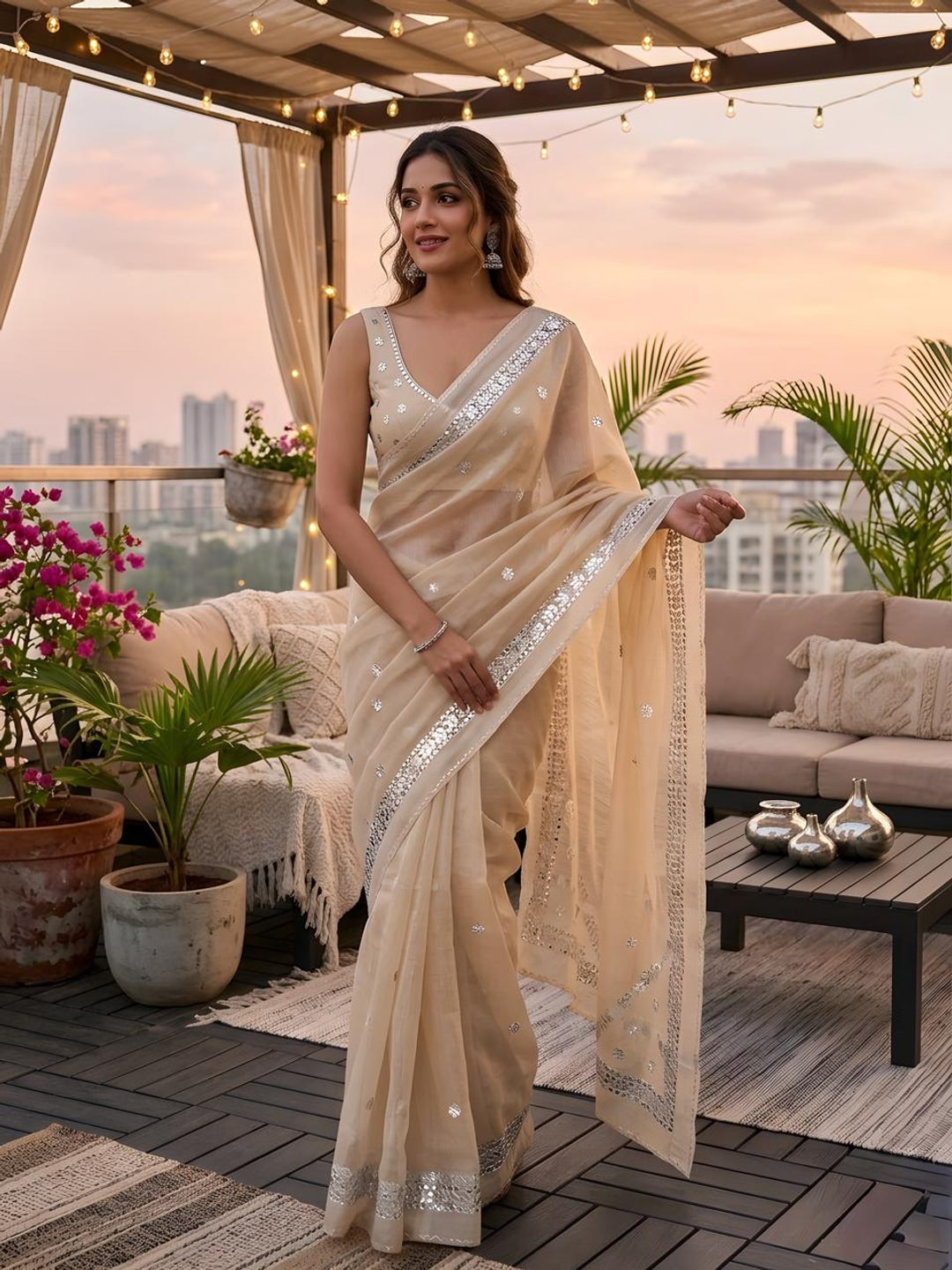 Peachmode Cream Kota Doriya Gota Patti Saree - Image 1