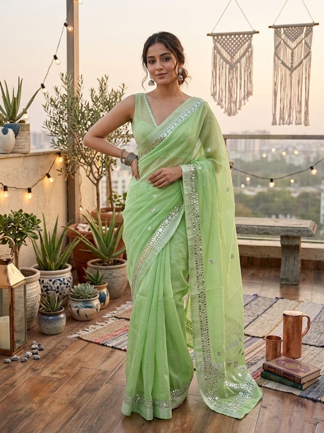 Peachmode Green Kota Doriya Gota Patti Saree - Image 1