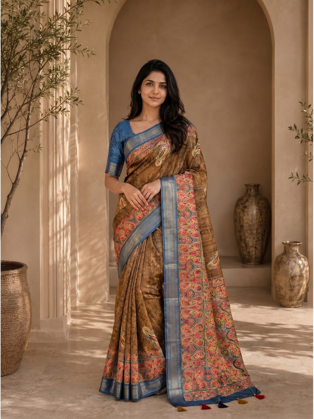 Peachmode Brown Dola Silk Position Digital Print Saree - Image 1