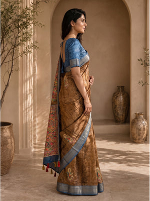 Peachmode Brown Dola Silk Position Digital Print Saree - Image 2