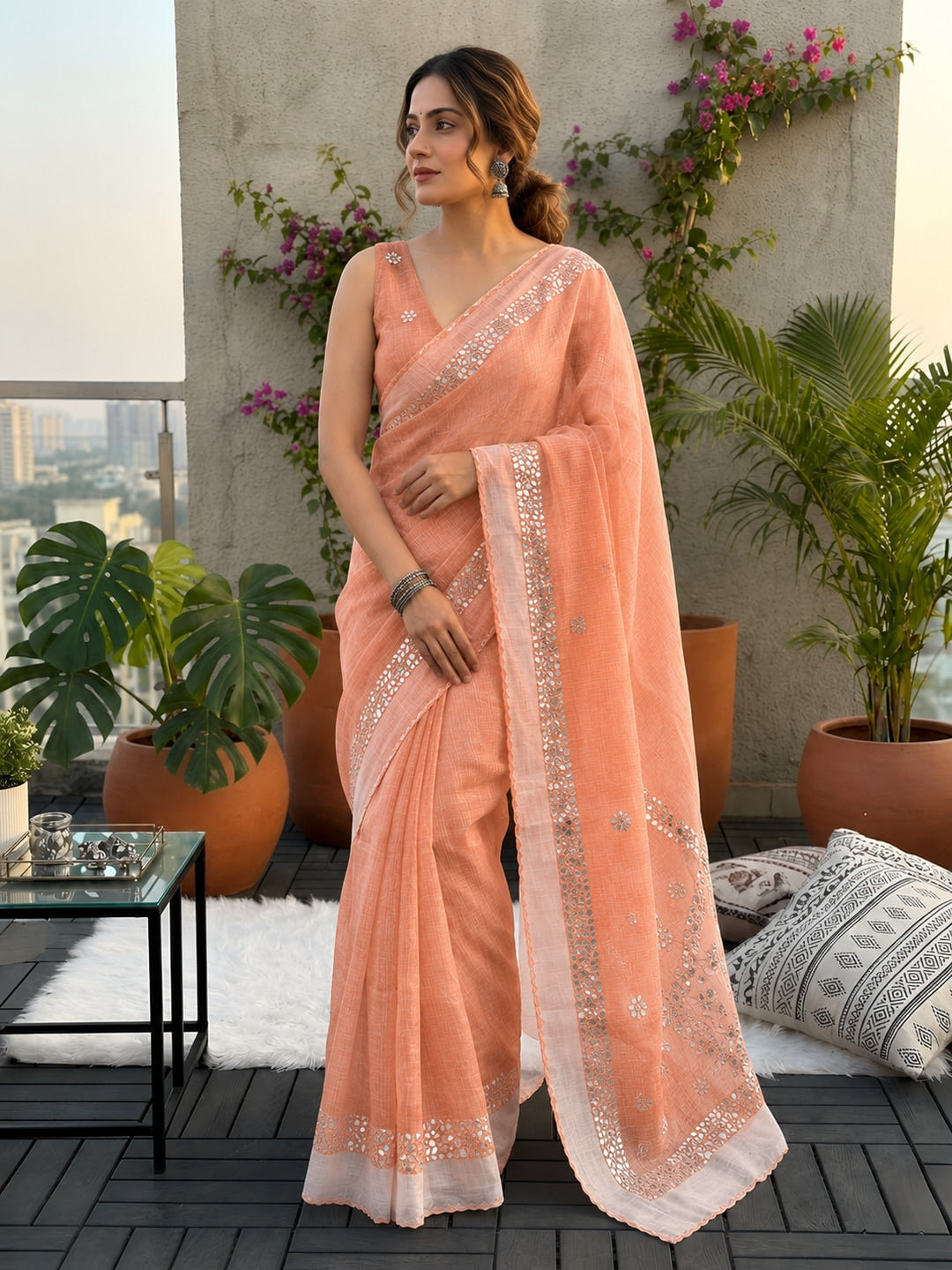 Peachmode Peach Kota Doriya Gota Patti Saree - Image 2