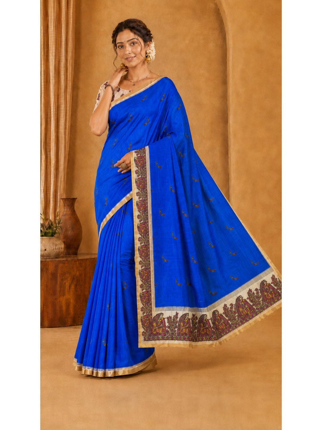 Peachmode Purple Ethnic Printed Linen Cotton Saree - Image 2