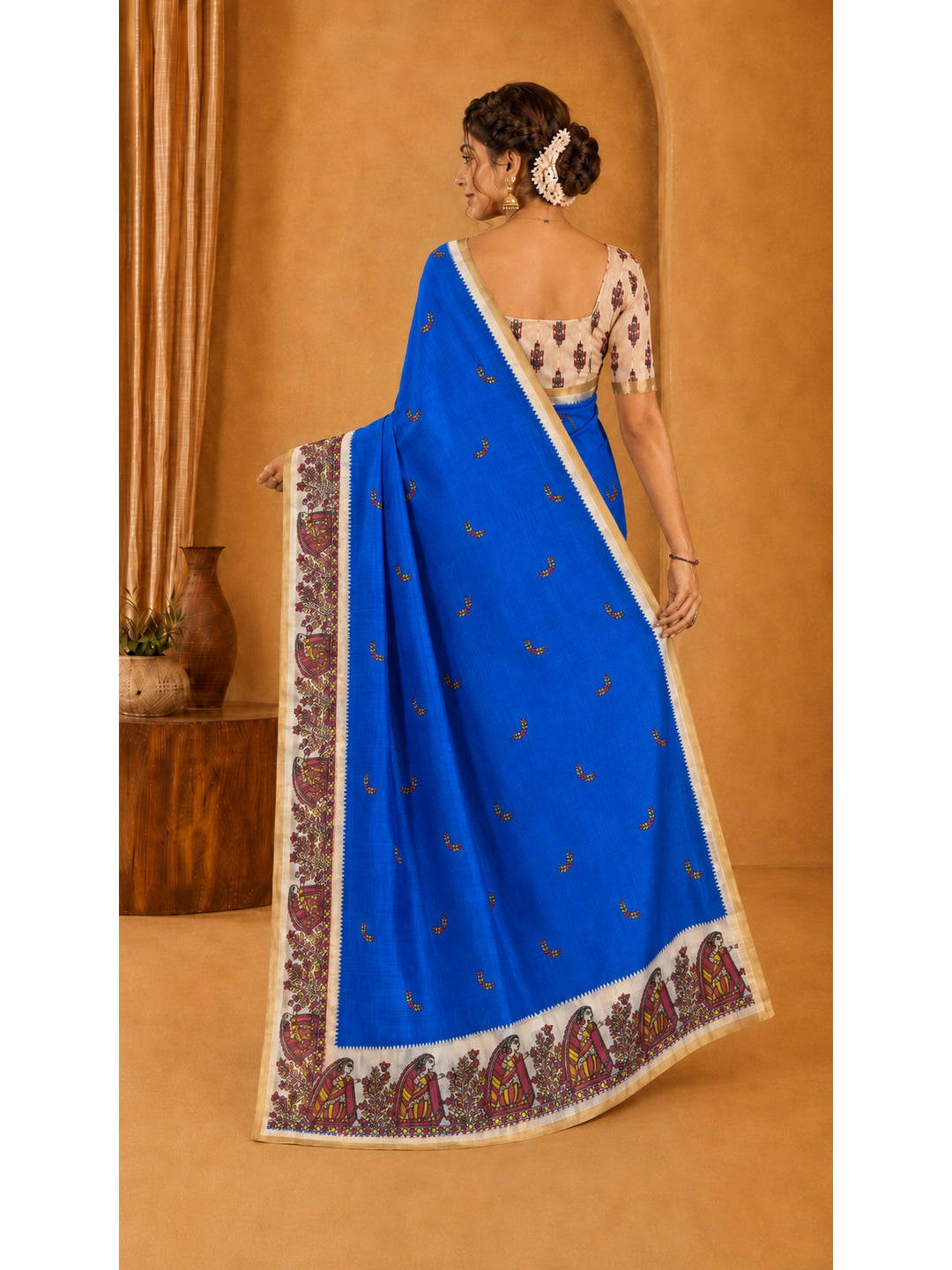 Peachmode Purple Ethnic Printed Linen Cotton Saree - Image 4