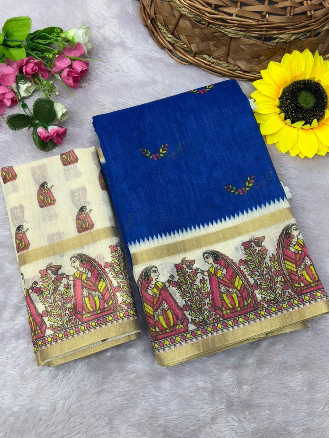 Peachmode Purple Ethnic Printed Linen Cotton Saree - Image 5