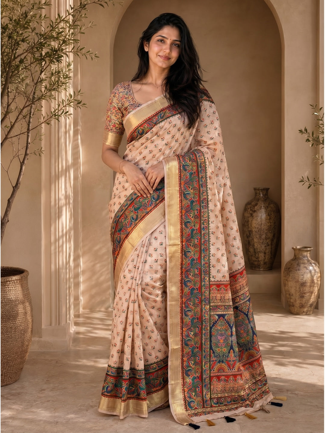 Peachmode Beige Dola Silk Position Digital Print Saree - Image 1