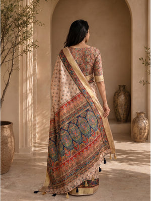 Peachmode Beige Dola Silk Position Digital Print Saree - Image 2