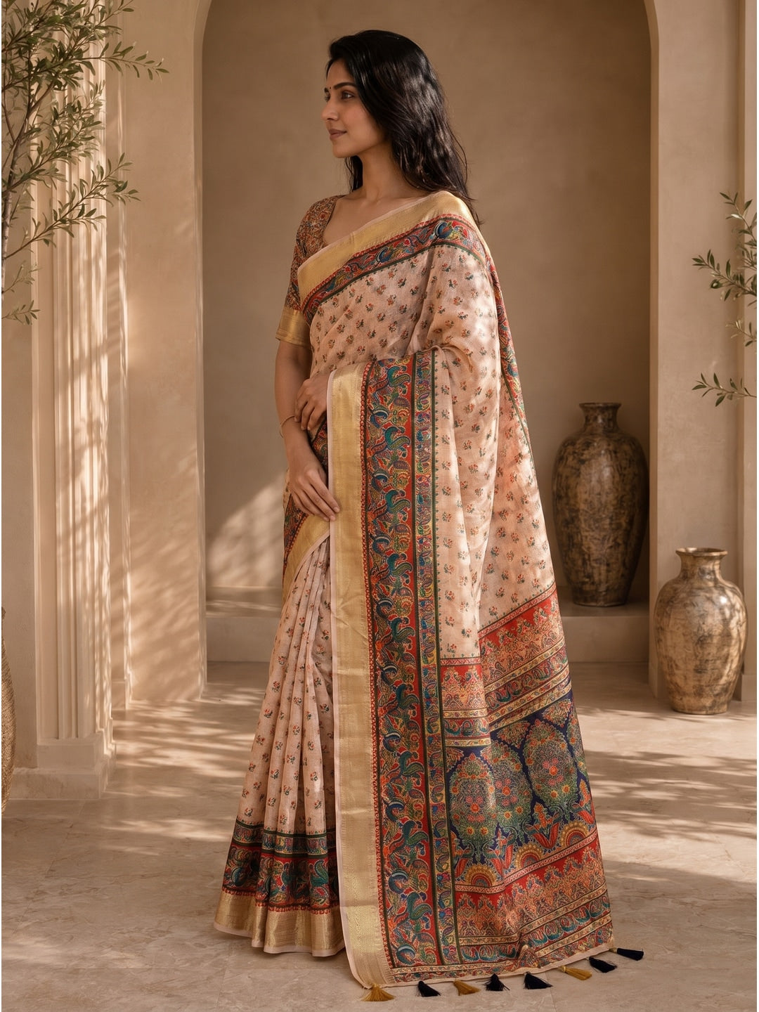 Peachmode Beige Dola Silk Position Digital Print Saree - Image 4