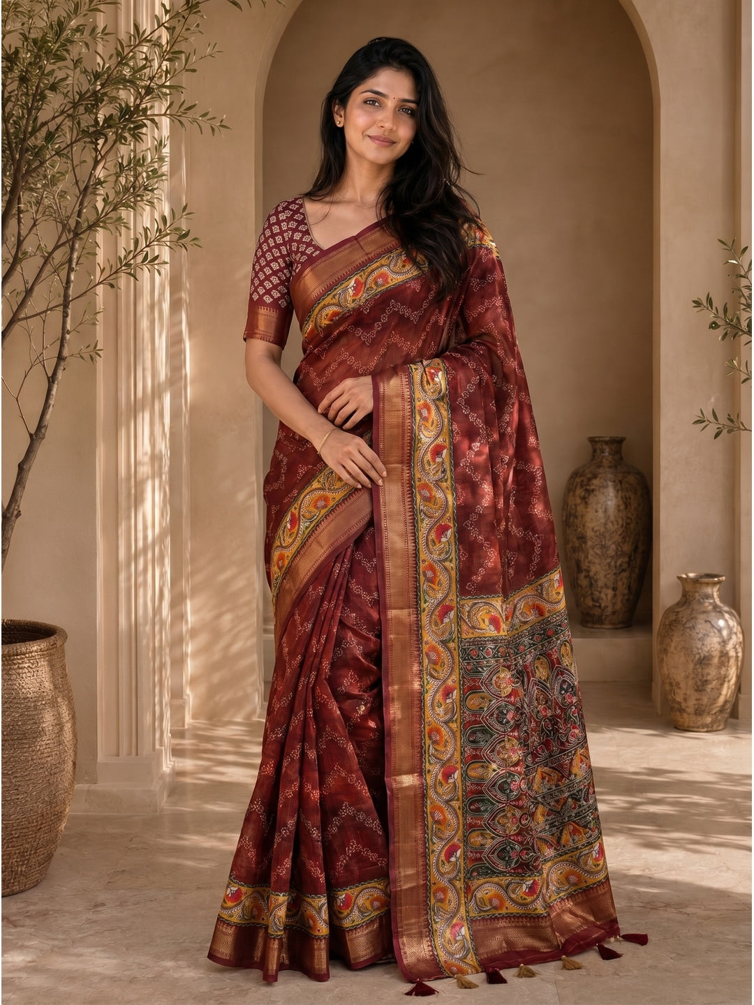 Peachmode Maroon Dola Silk Position Digital Print Saree - Image 1