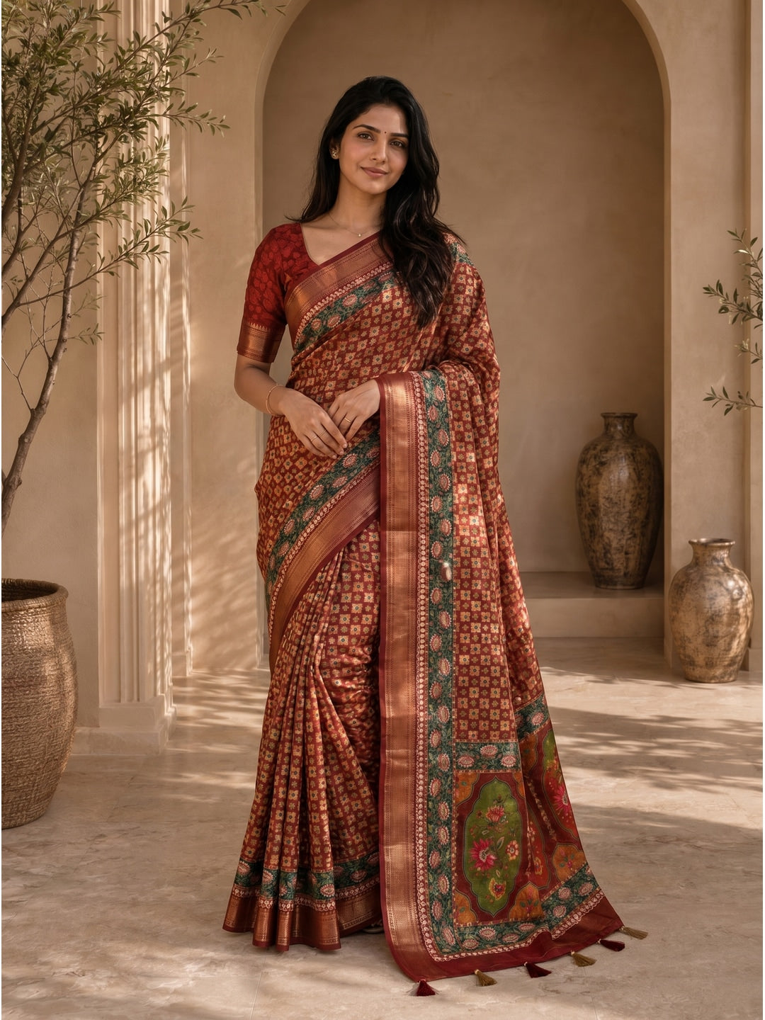 Peachmode Red Dola Silk Position Digital Print Saree - Image 1