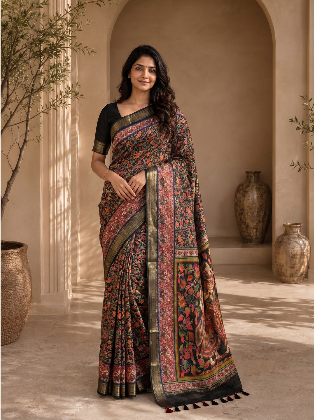 Peachmode Brown Dola Silk Position Digital Print Saree - Image 1