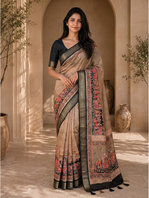 Peachmode Beige Dola Silk Position Digital Print Saree - Image 1