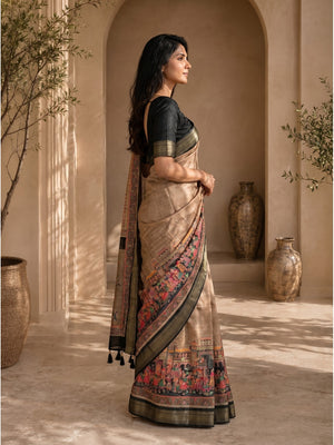 Peachmode Beige Dola Silk Position Digital Print Saree - Image 2