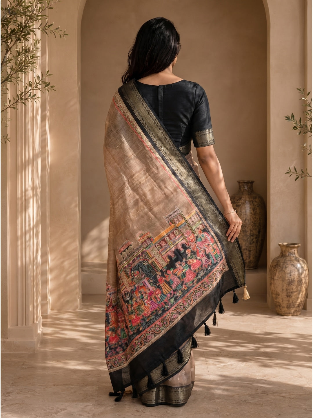 Peachmode Beige Dola Silk Position Digital Print Saree - Image 3
