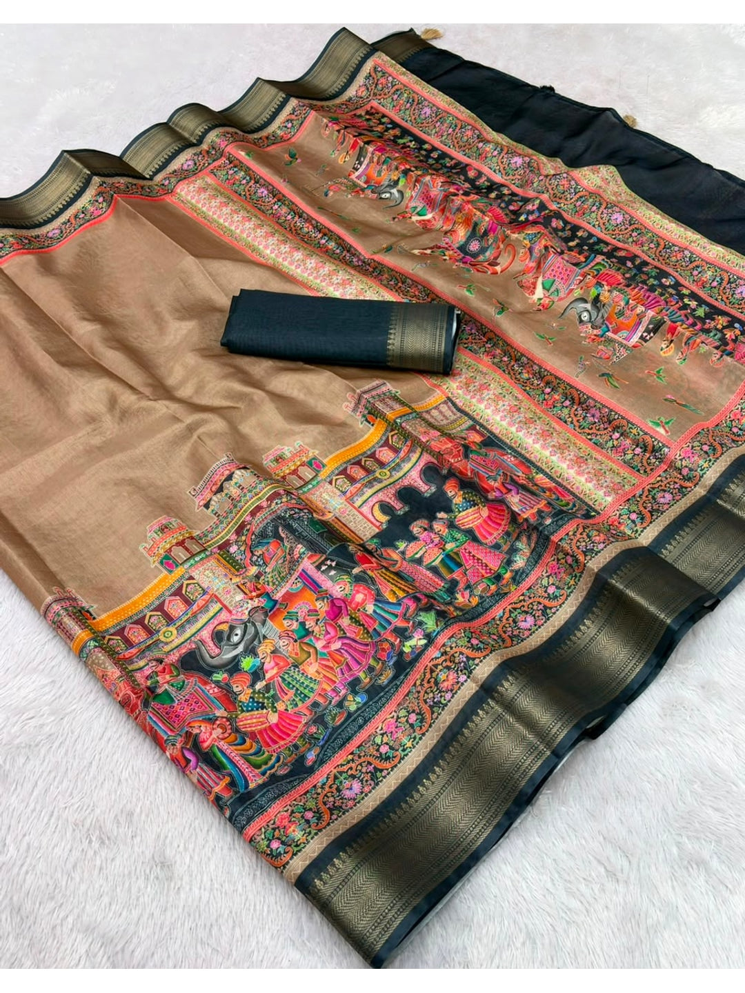 Peachmode Beige Dola Silk Position Digital Print Saree - Image 5