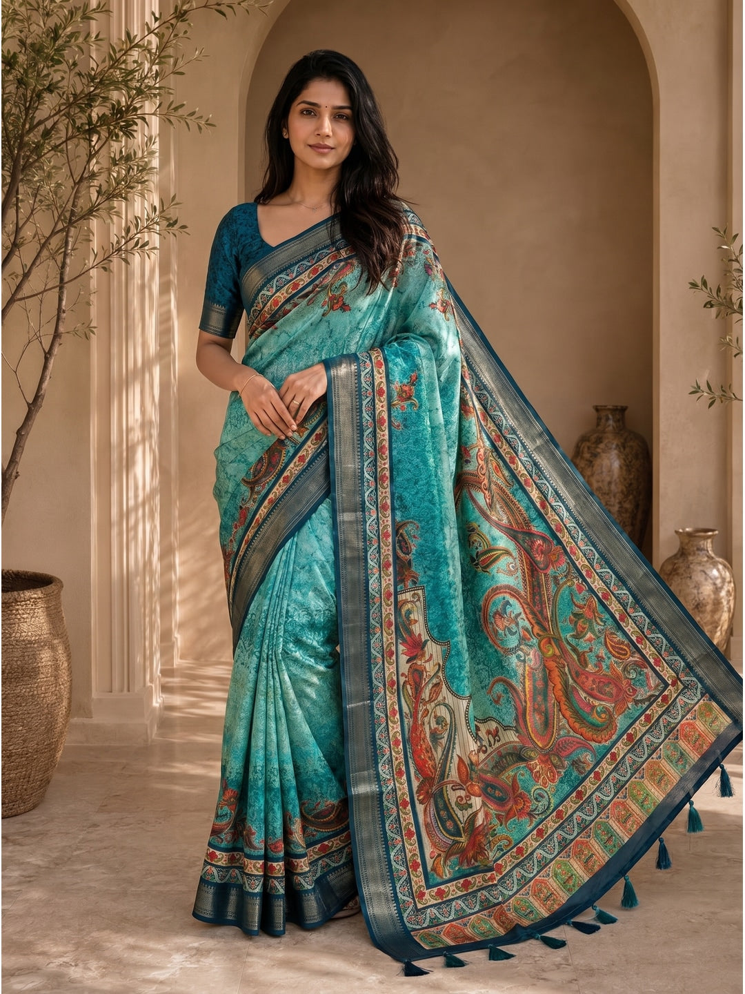 Peachmode Turquoise Dola Silk Position Digital Print Saree - Image 1
