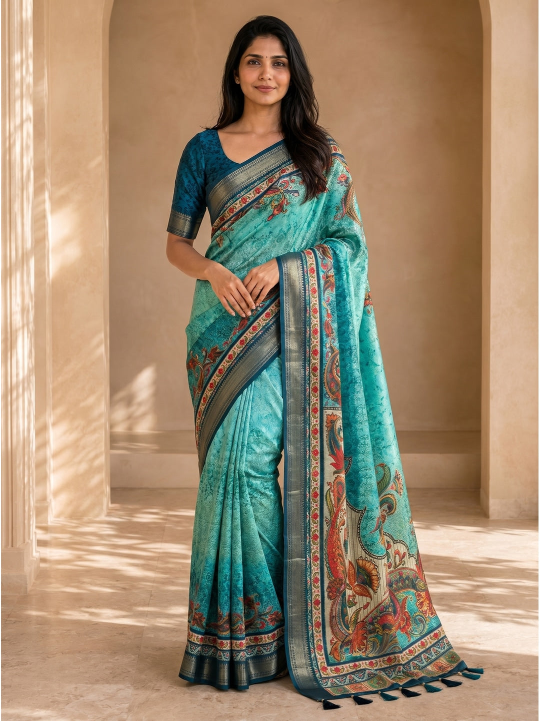 Peachmode Turquoise Dola Silk Position Digital Print Saree - Image 3