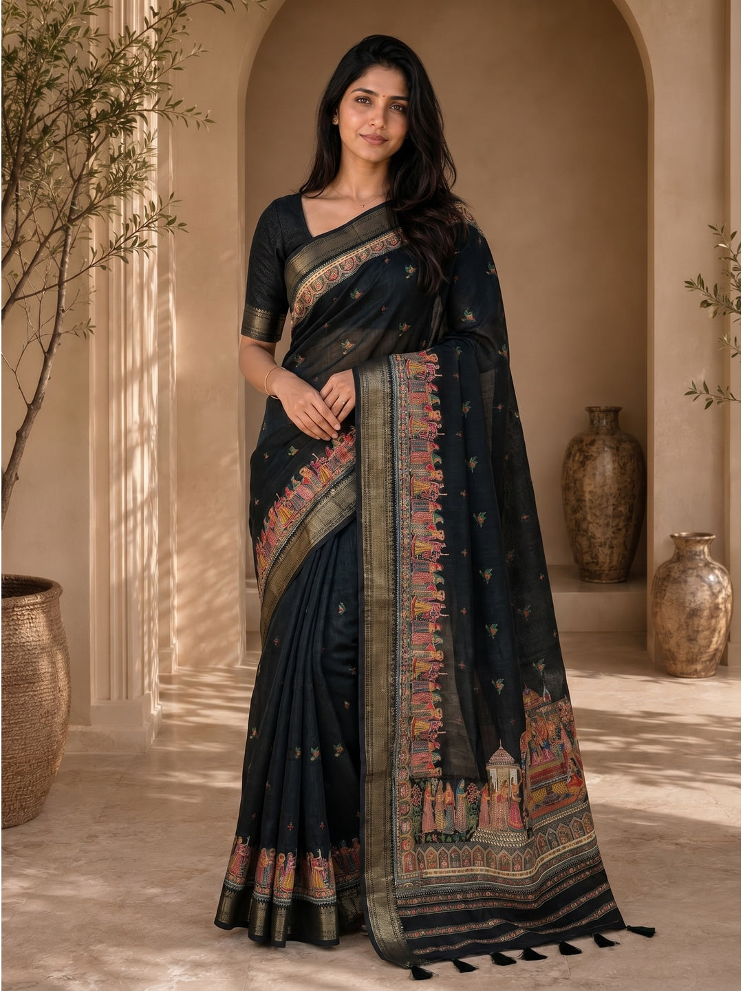 Peachmode Black Dola Silk Position Digital Print Saree - Image 1