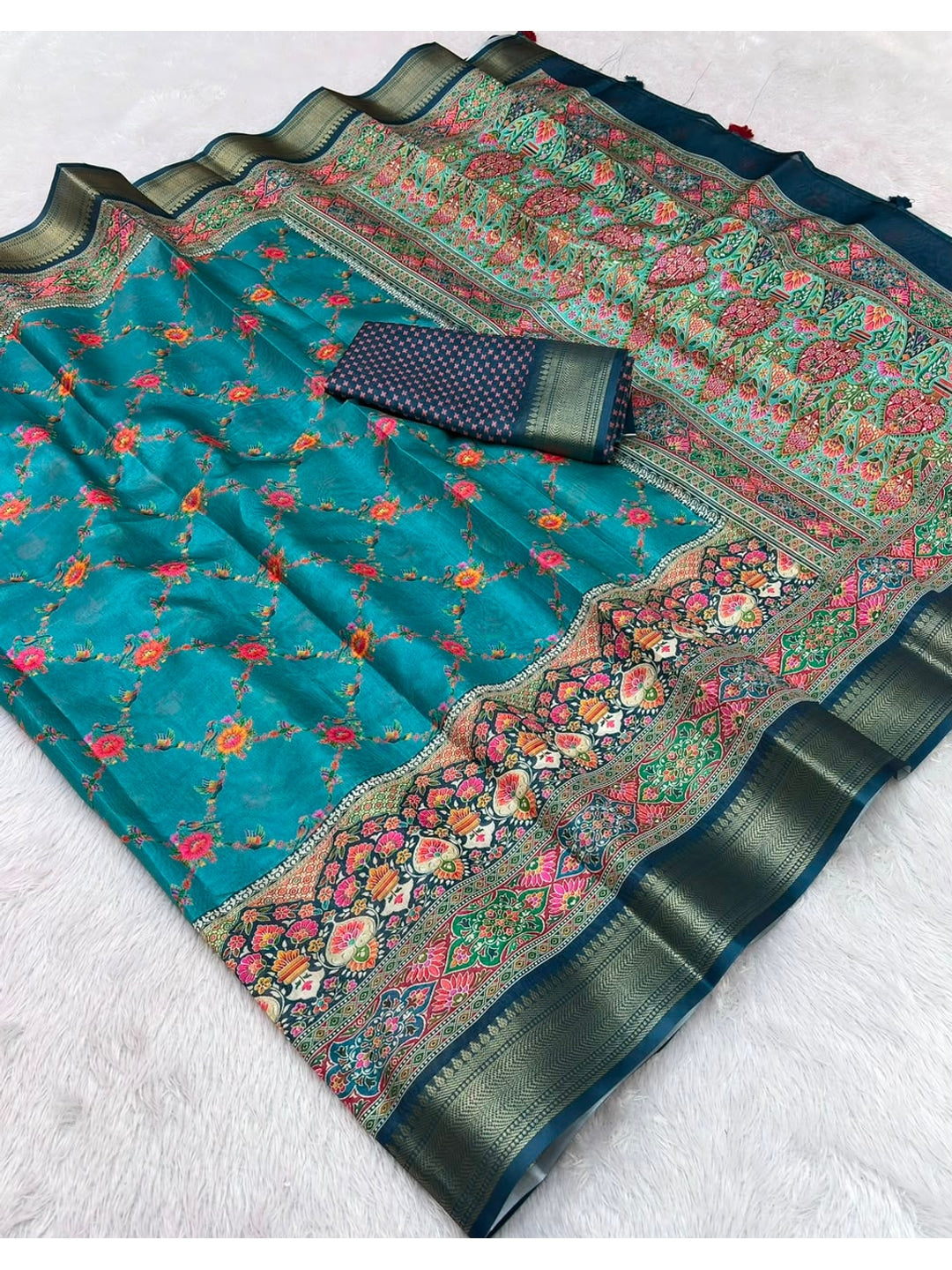 Peachmode Teal Dola Silk Position Digital Print Saree - Image 5