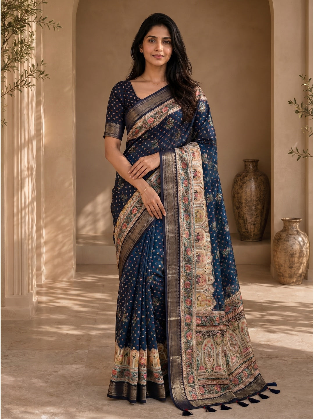 Peachmode Blue Dola Silk Position Digital Print Saree - Image 1