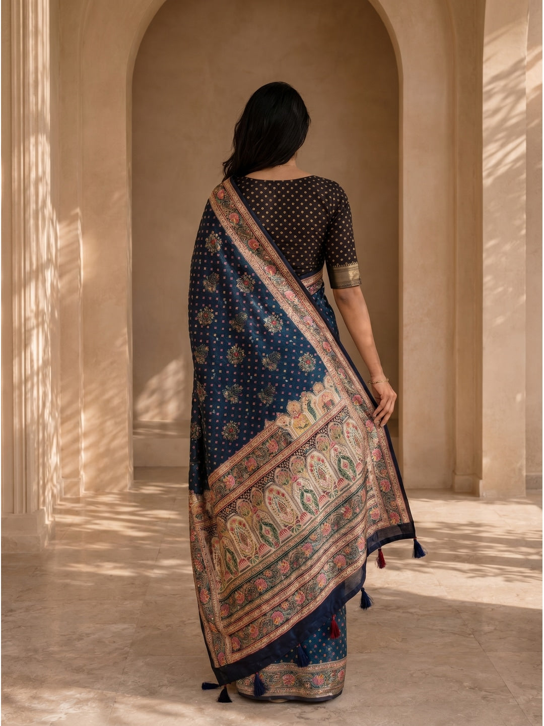 Peachmode Blue Dola Silk Position Digital Print Saree - Image 2
