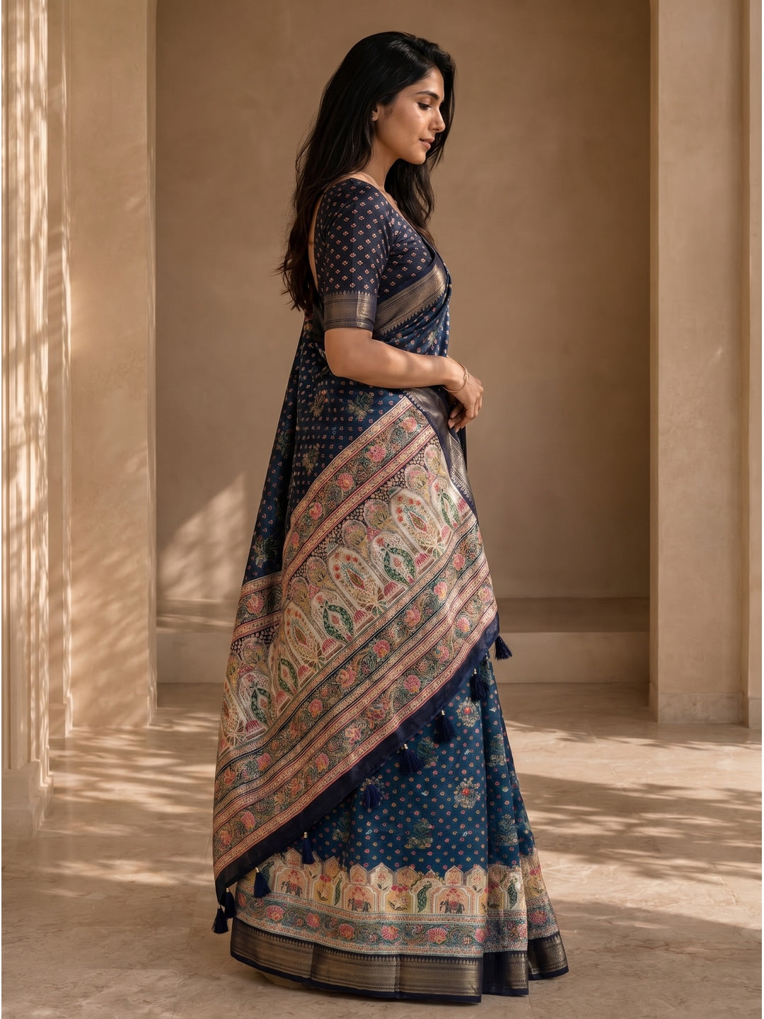 Peachmode Blue Dola Silk Position Digital Print Saree - Image 3