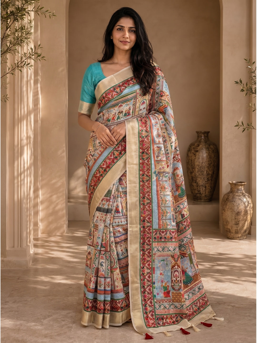 Peachmode Cream Dola Silk Position Digital Print Saree - Image 1