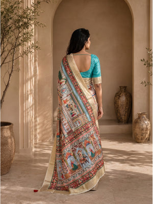 Peachmode Cream Dola Silk Position Digital Print Saree - Image 2