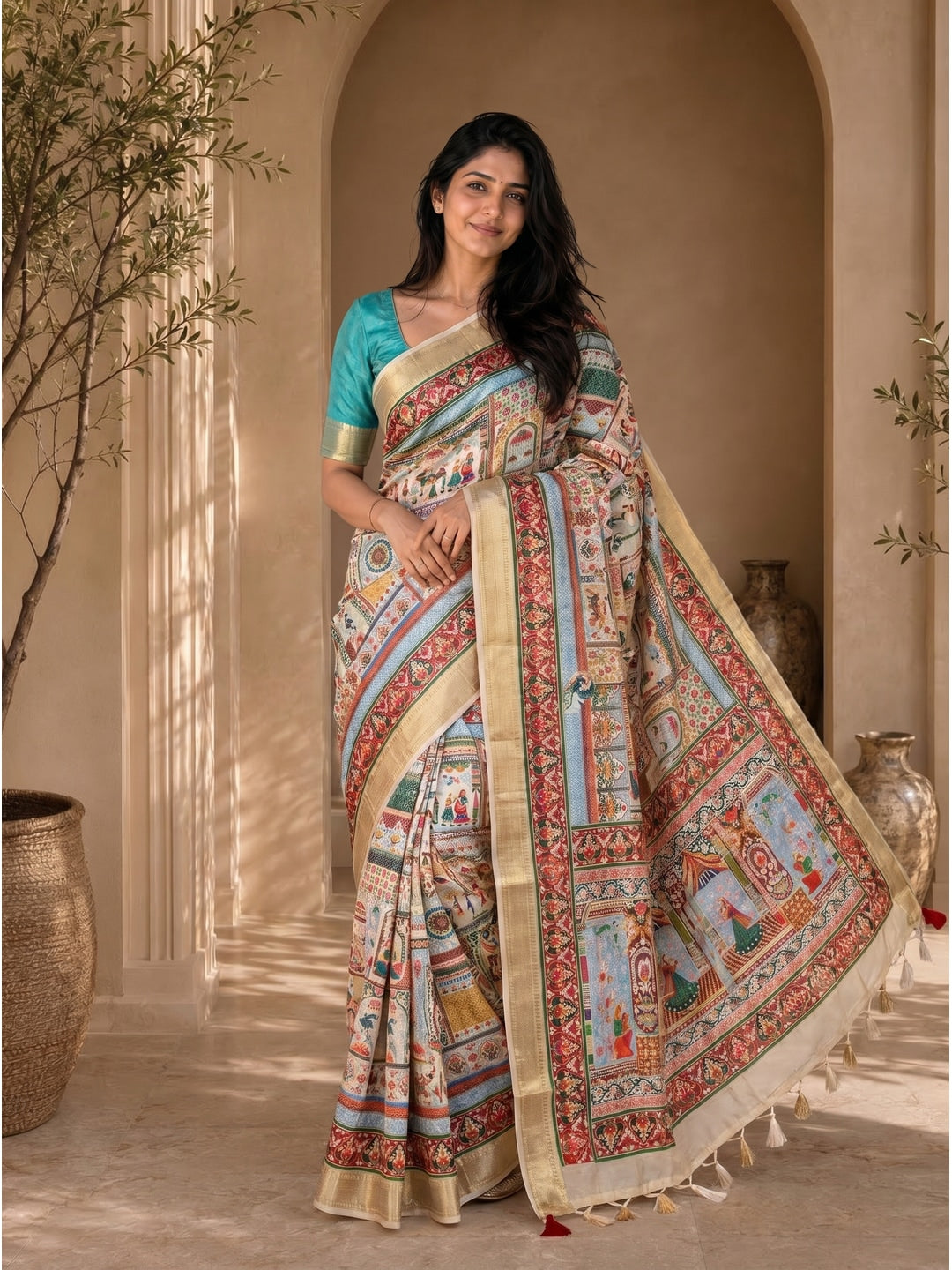 Peachmode Cream Dola Silk Position Digital Print Saree - Image 4