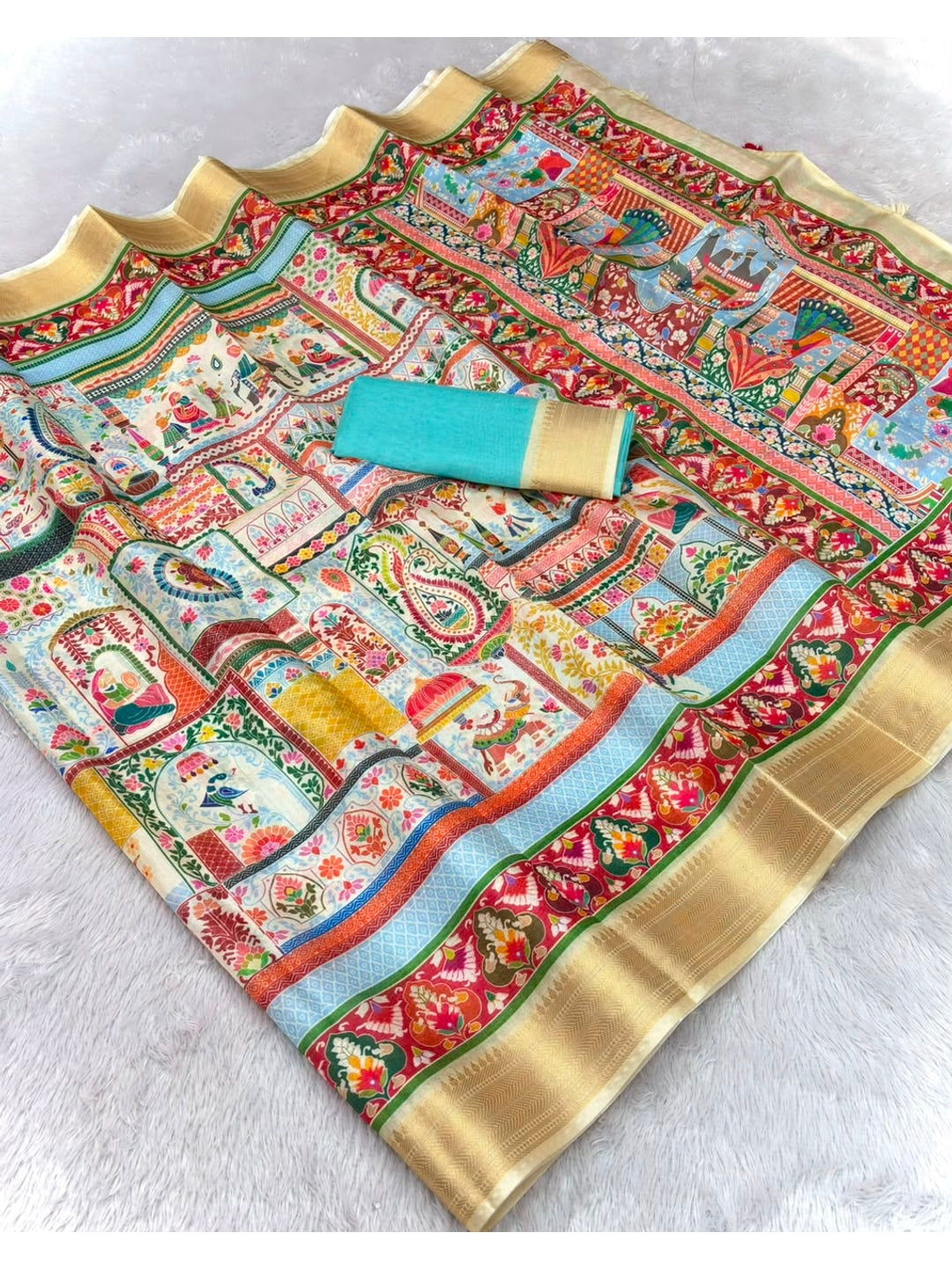 Peachmode Cream Dola Silk Position Digital Print Saree - Image 5