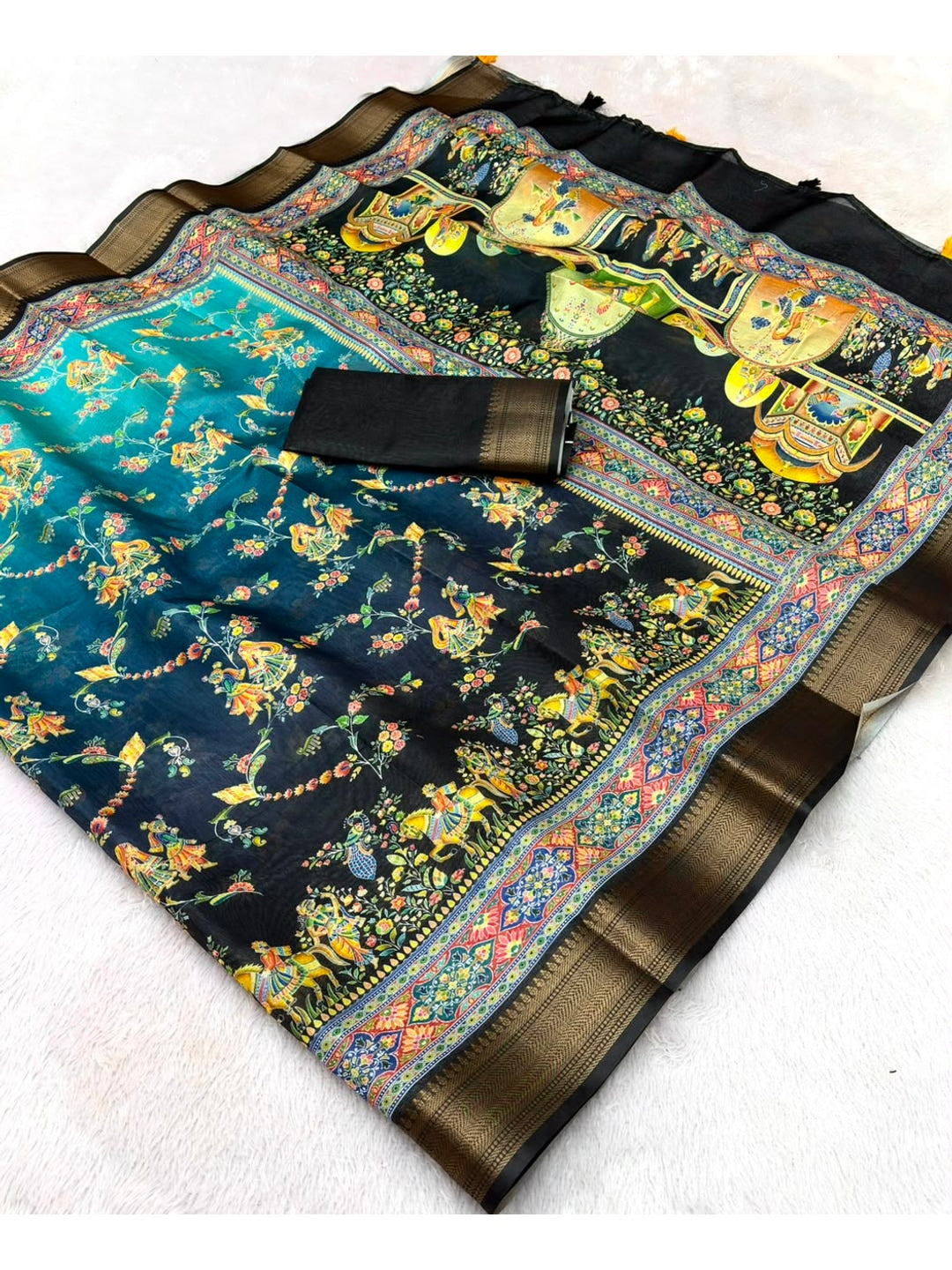 Peachmode Green Dola Silk Position Digital Print Saree - Image 5
