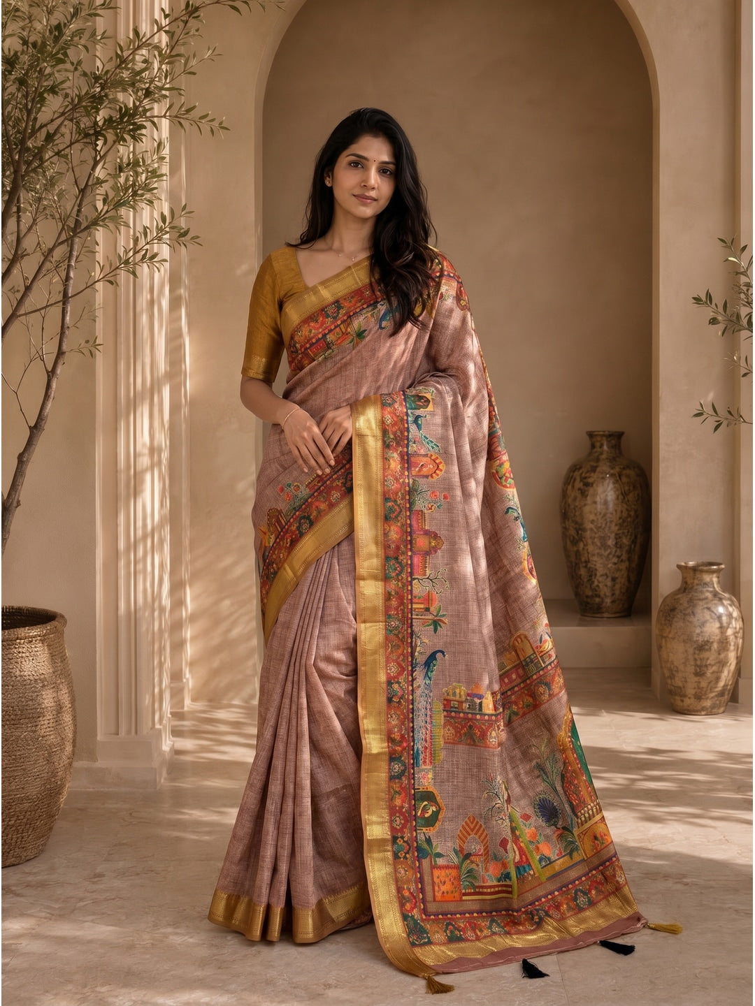 Peachmode Mustard Dola Silk Position Digital Print Saree - Image 1