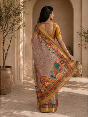 Peachmode Mustard Dola Silk Position Digital Print Saree - Image 2