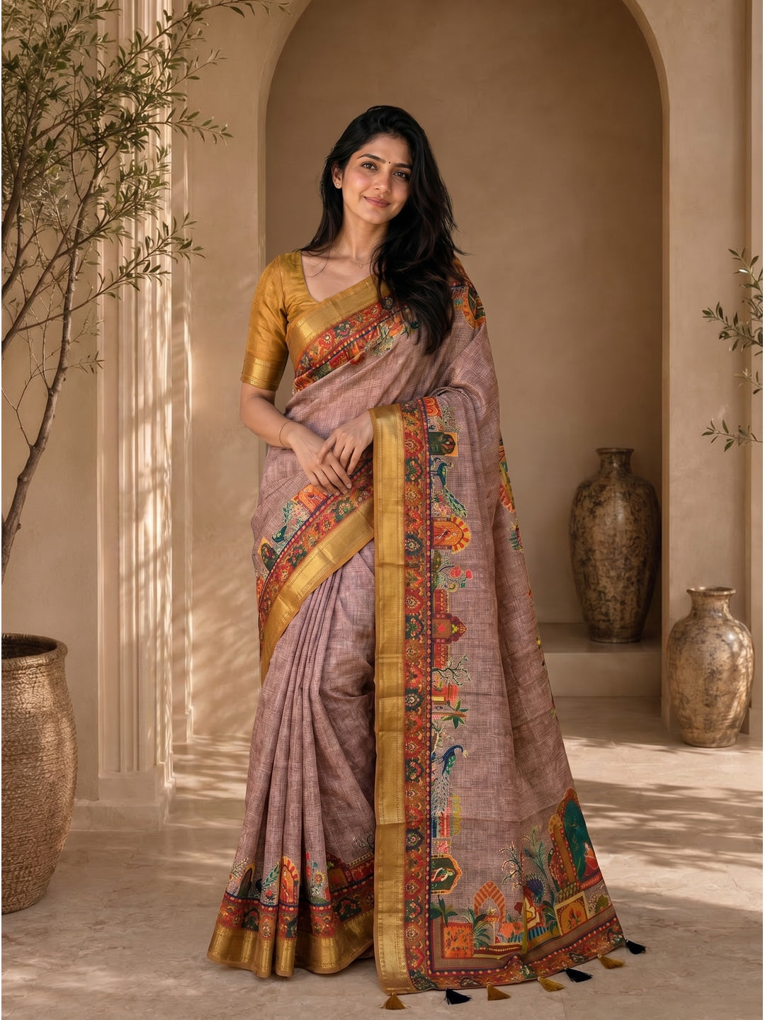 Peachmode Mustard Dola Silk Position Digital Print Saree - Image 3
