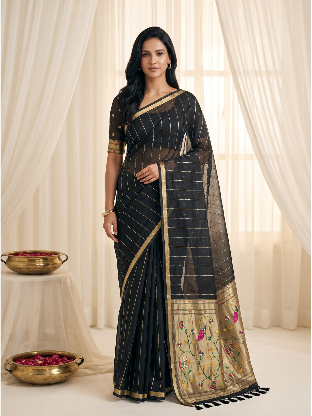 Peachmode Black Paithani Muga Silk Zari Weave Saree - Image 1