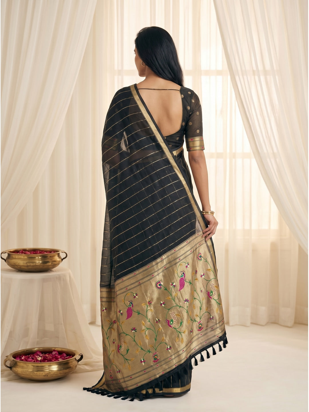 Peachmode Black Paithani Muga Silk Zari Weave Saree - Image 4
