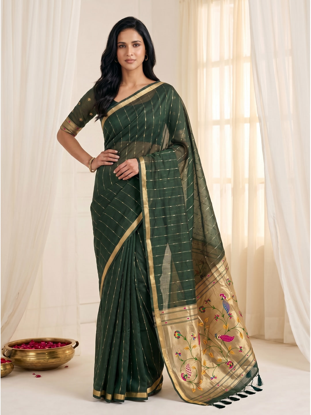Peachmode Green Paithani Muga Silk Zari Weave Saree - Image 2
