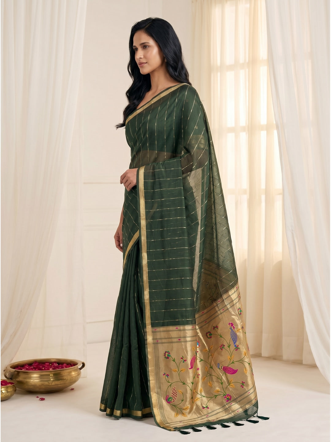 Peachmode Green Paithani Muga Silk Zari Weave Saree - Image 3