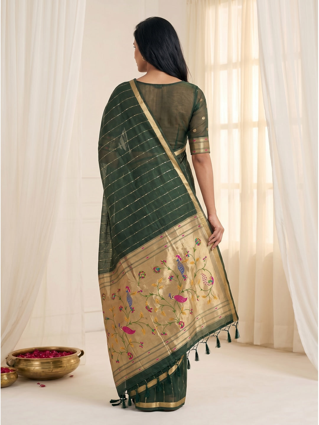 Peachmode Green Paithani Muga Silk Zari Weave Saree - Image 4