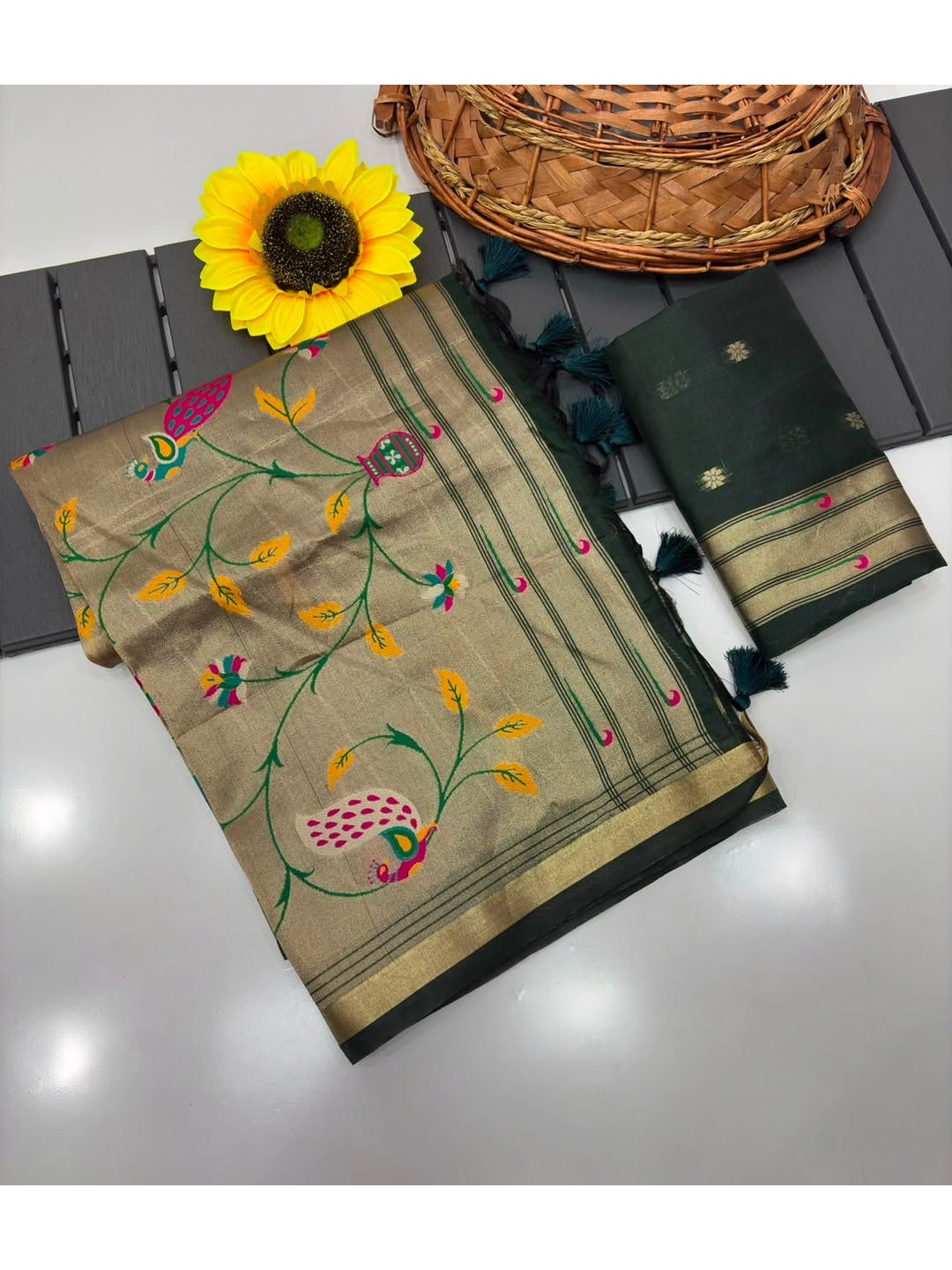 Peachmode Green Paithani Muga Silk Zari Weave Saree - Image 5