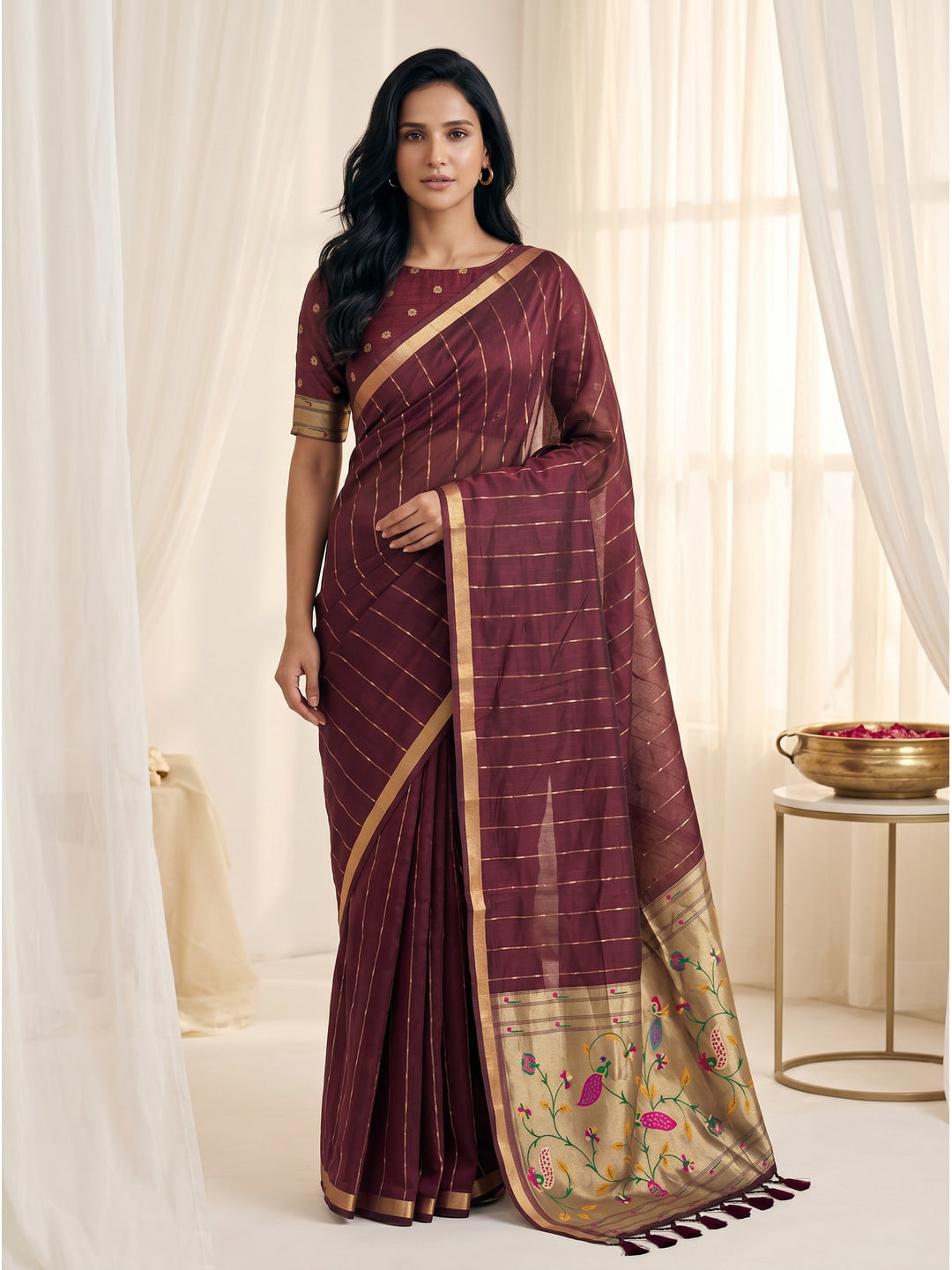 Peachmode Maroon Paithani Muga Silk Zari Weave Saree - Image 1