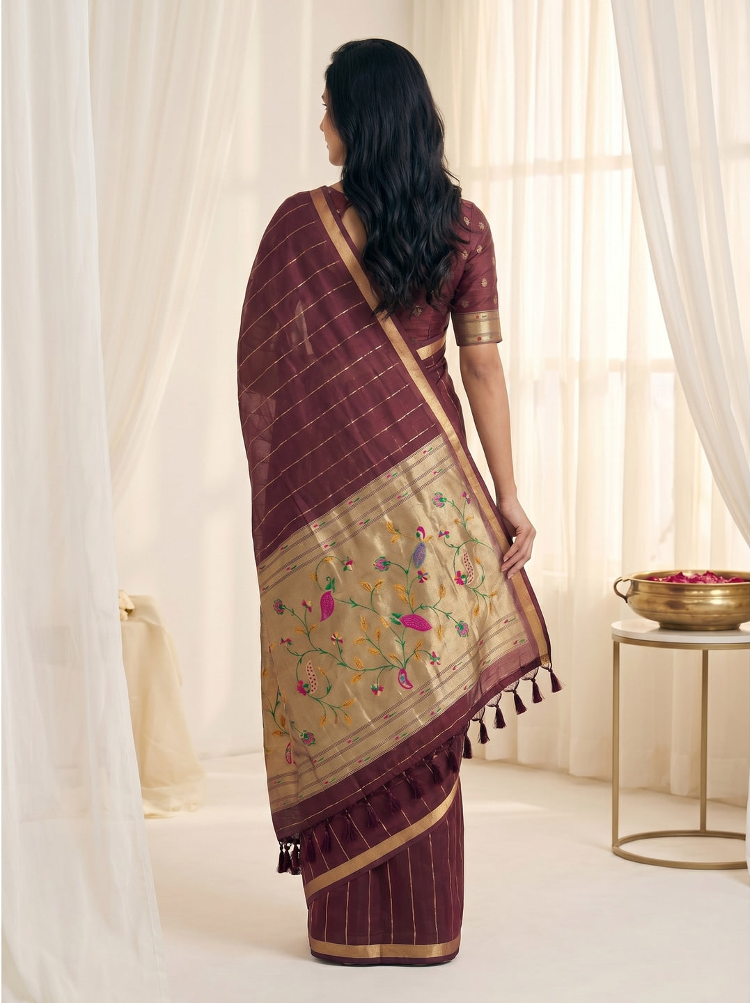 Peachmode Maroon Paithani Muga Silk Zari Weave Saree - Image 4