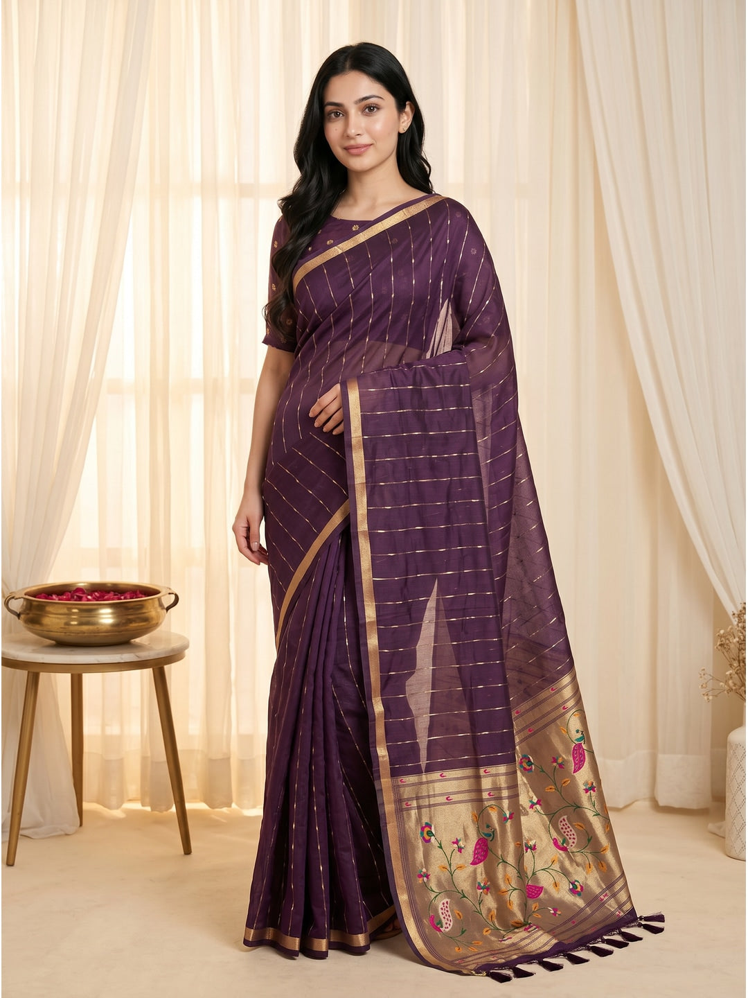 Peachmode Wine Paithani Muga Silk Zari Weave Saree - Image 1