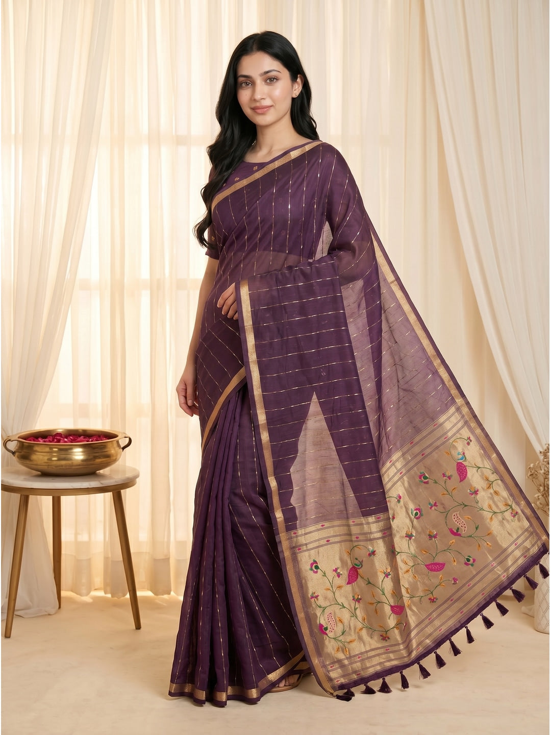 Peachmode Wine Paithani Muga Silk Zari Weave Saree - Image 2