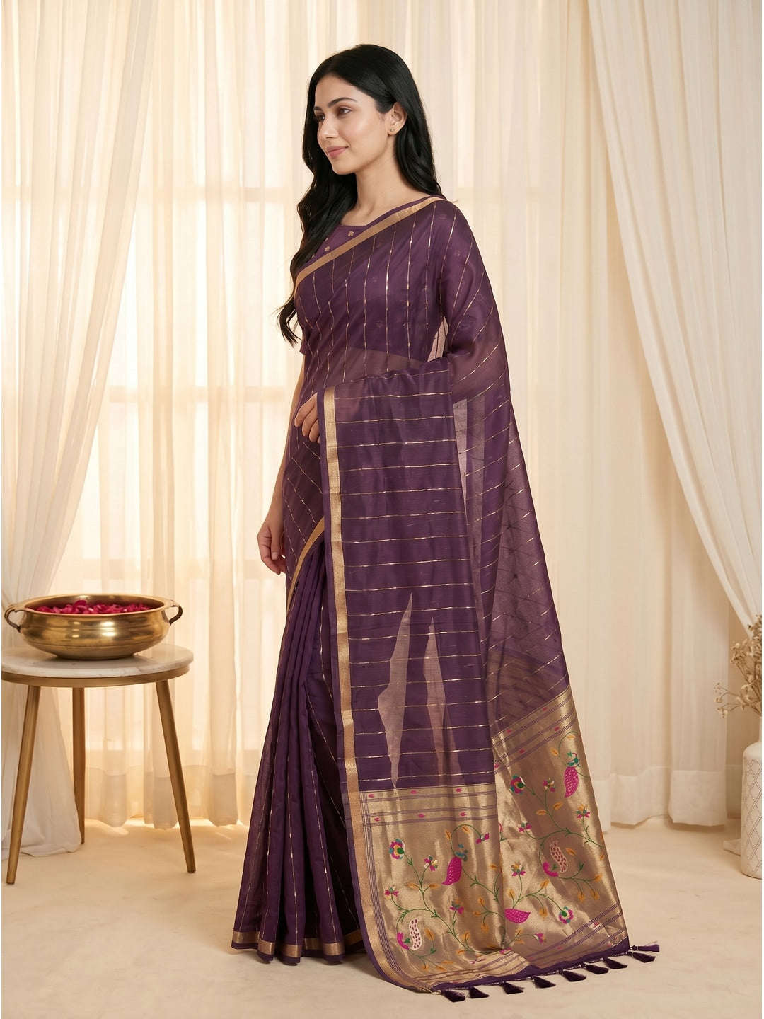 Peachmode Wine Paithani Muga Silk Zari Weave Saree - Image 3