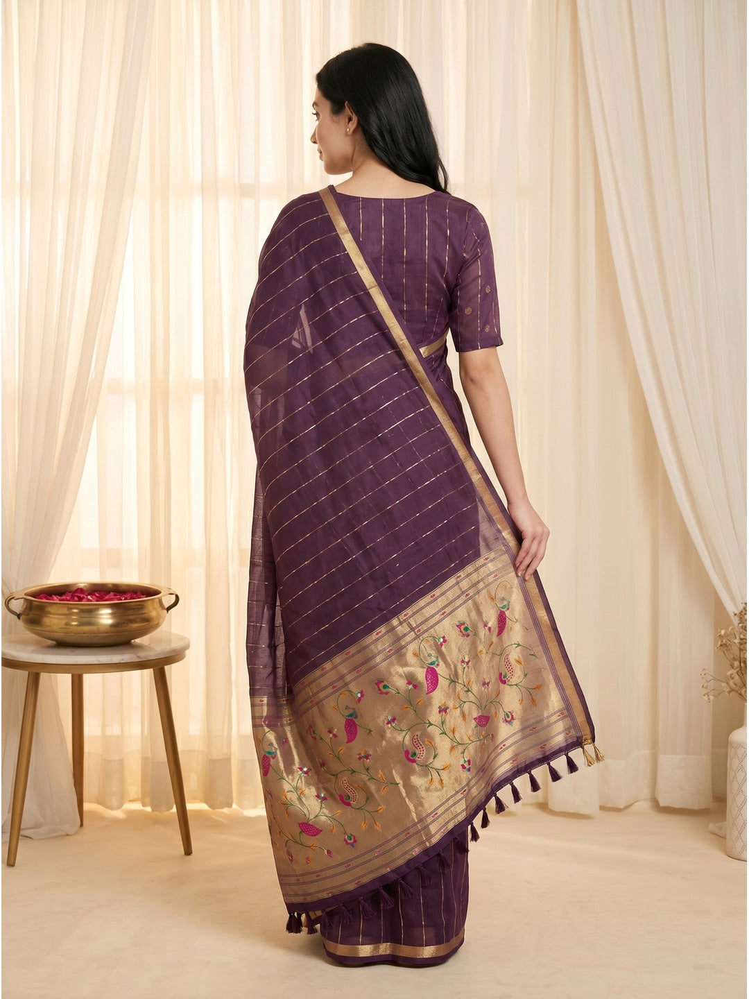 Peachmode Wine Paithani Muga Silk Zari Weave Saree - Image 4