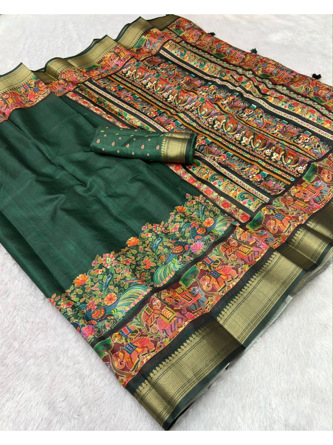 Peachmode Green Dola Silk Position Digital Print Saree - Image 5