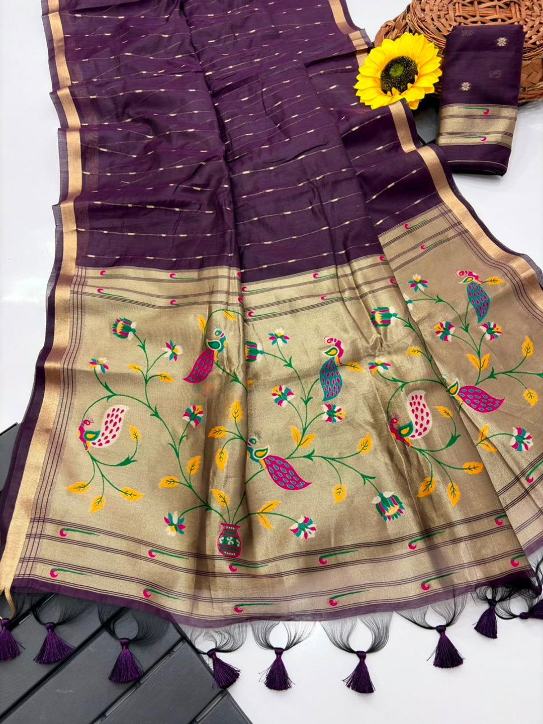 Peachmode Wine Paithani Muga Silk Zari Weave Saree - Image 5