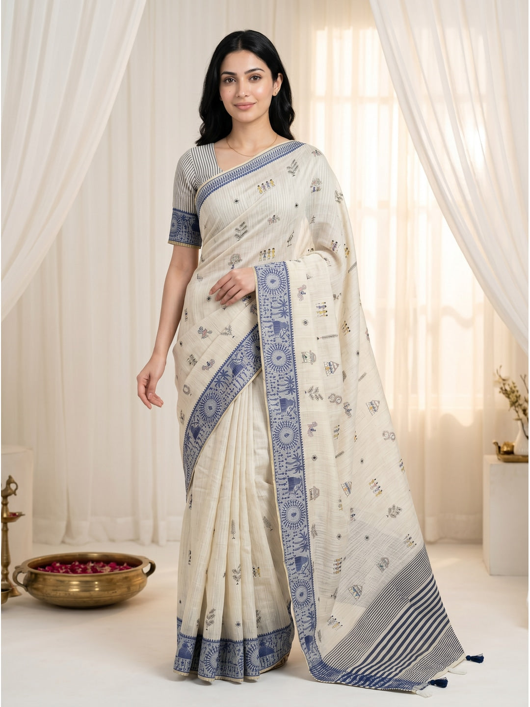 Peachmode Cream & Blue Muga Silk Warli Weave Border Saree - Image 1