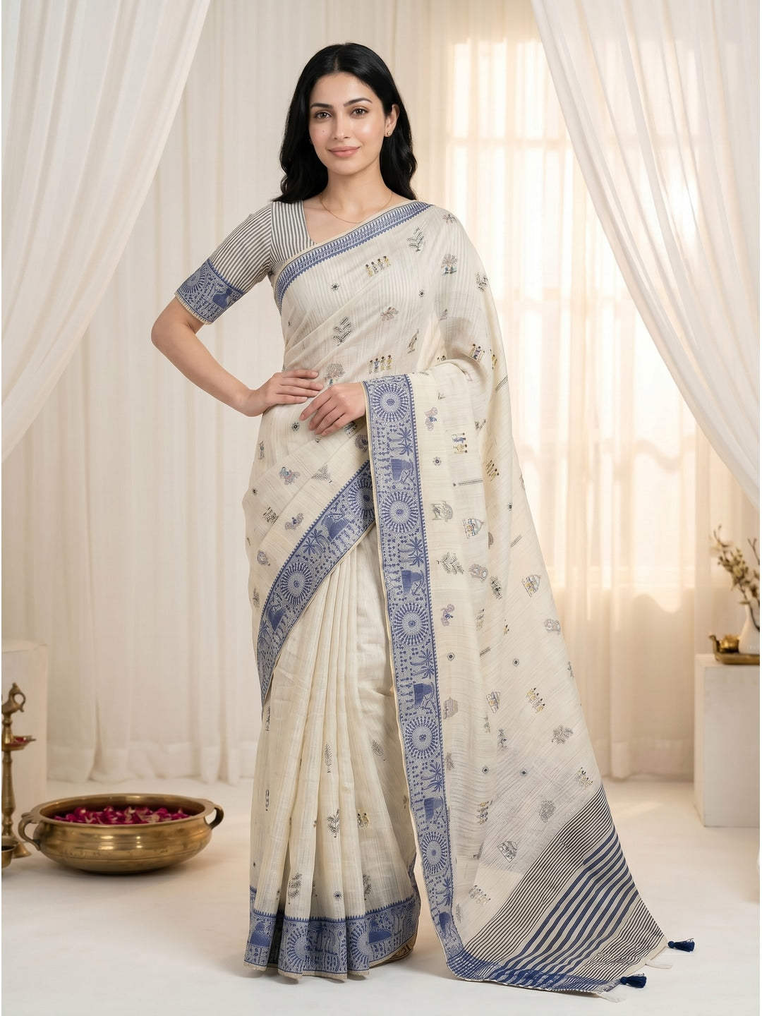Peachmode Cream & Blue Muga Silk Warli Weave Border Saree - Image 2