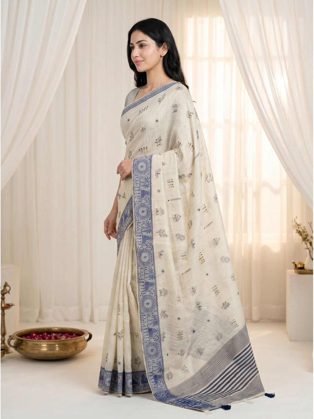 Peachmode Cream & Blue Muga Silk Warli Weave Border Saree - Image 3